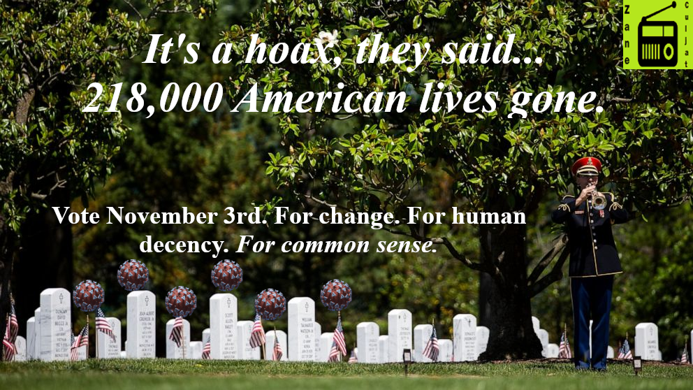 A soldier stands in a cemetery playing "Taps". The number of headstones increases as more American lives are lost to COVID-19.
