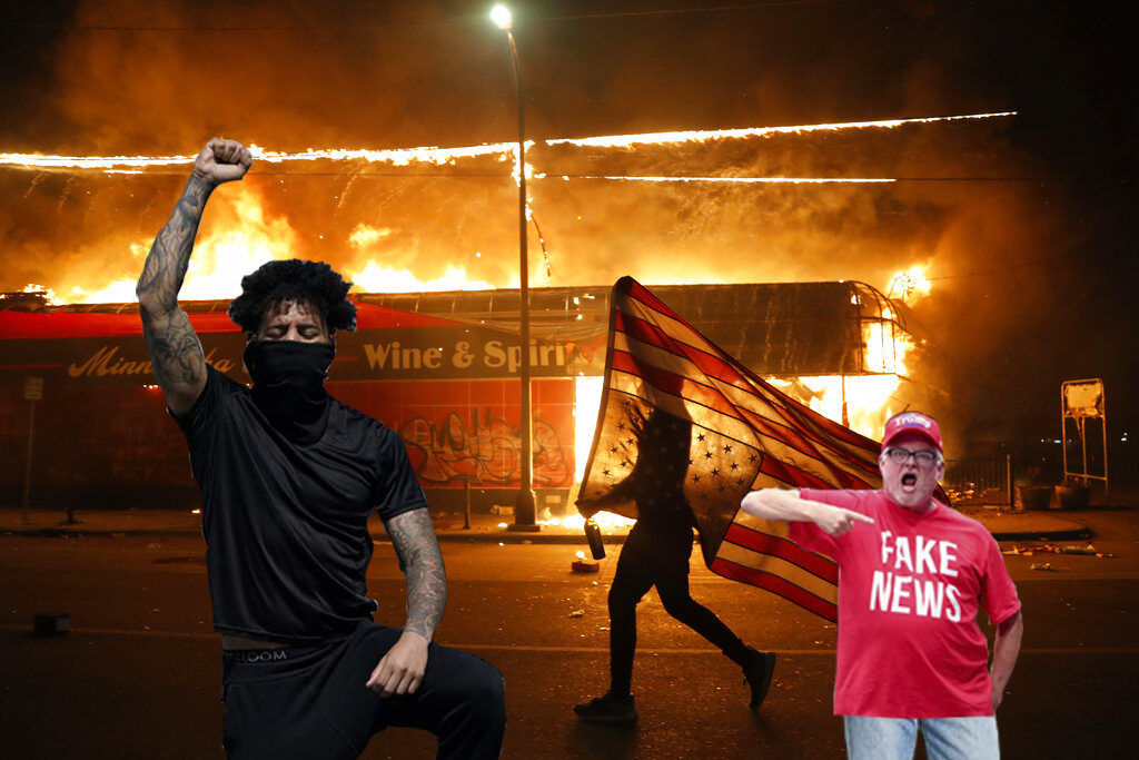 Tattooed protester kneels with fist raised in front of a burning building. On the other side, a man in a Trump hat points to his shirt that reads "fake news." Behind both of them is a person holding an upside down American flag walking in front of the fire.