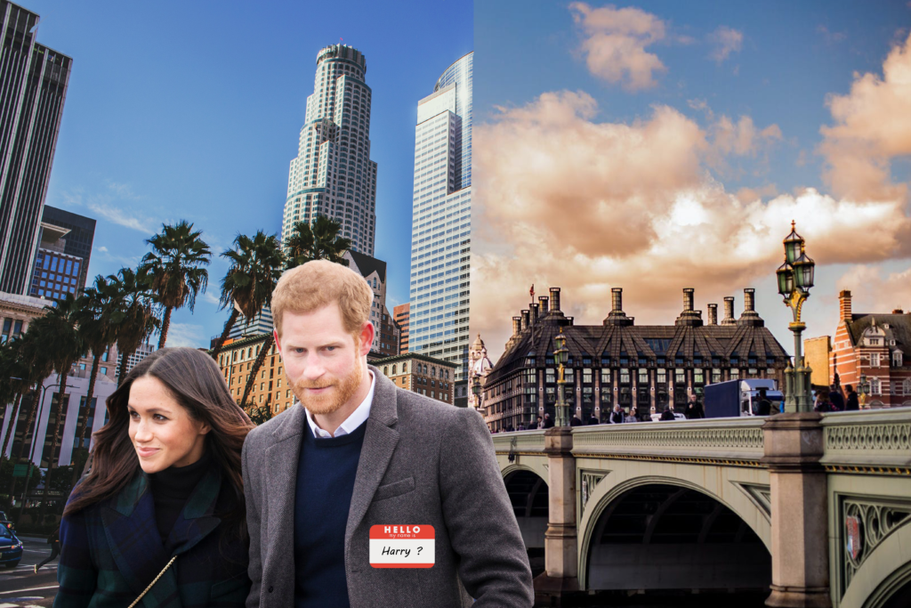 Prince Harry and Meghan Markle in front of a background of half Los Angeles, half London