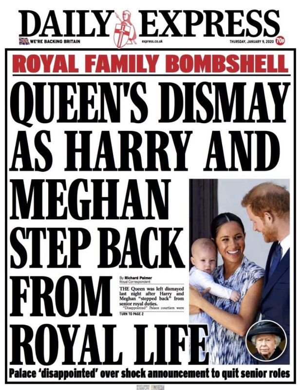 Daily Express tabloid with headline "Queen's Dismay as Harry and Meghan Step Back from Royal Life"
