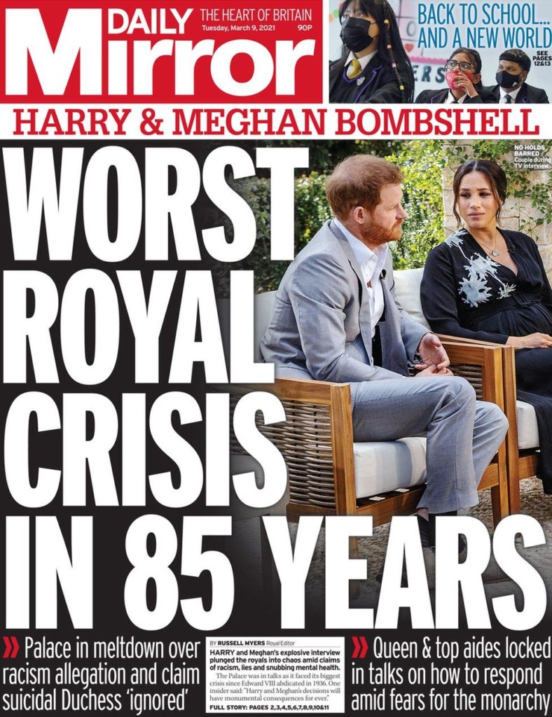 Daily Mirror tabloid with headline "Worst Royal Crisis in 85 Years"