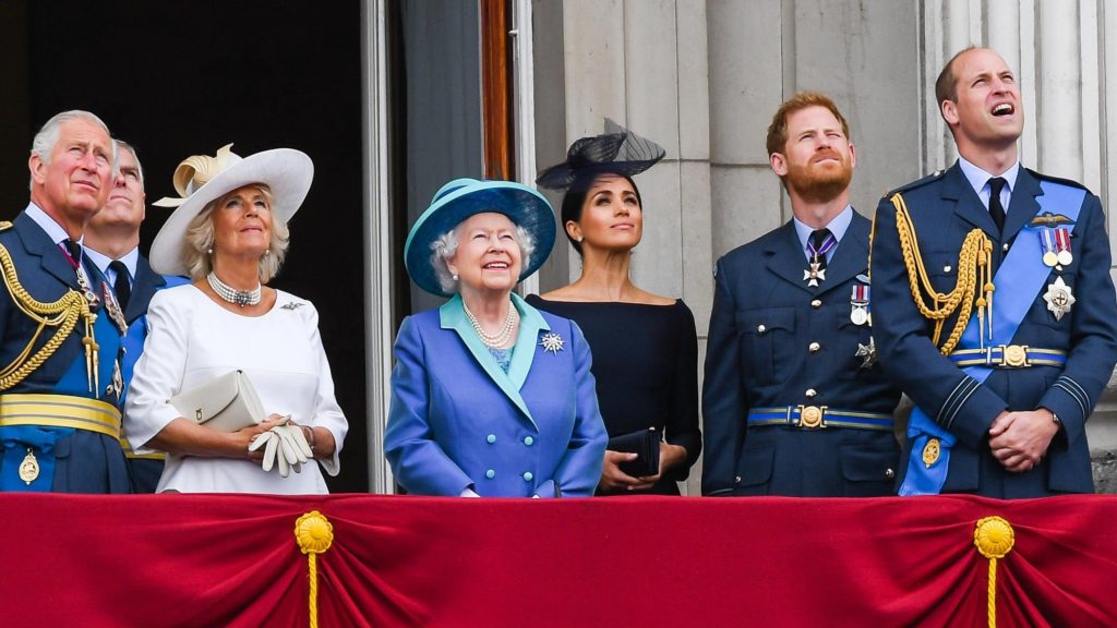 Prince Charles, Duchess Camilla, Queen Elizabeth II, Meghan Markle, Prince Harry, Prince William on the balcony of Buckingham Palace