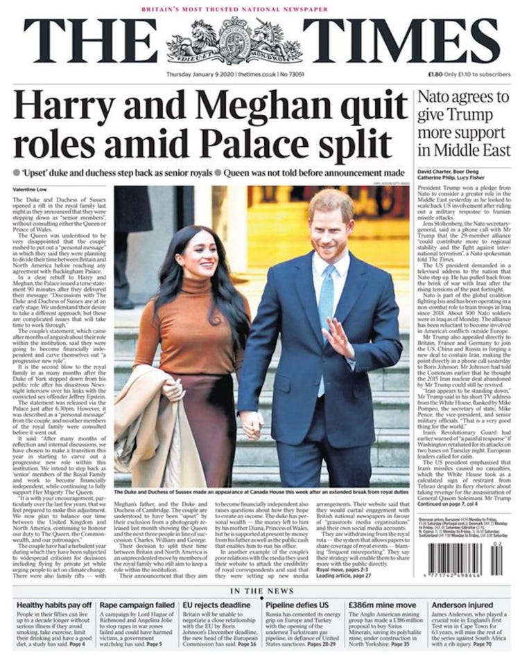 The Times newspaper with headline "Harry and Meghan quit roles amid Palace split"