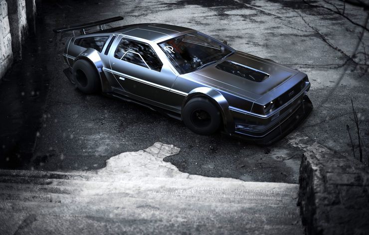 Stainless steel and black new model of the DeLorean is sitting crooked on wet concrete pavement. 