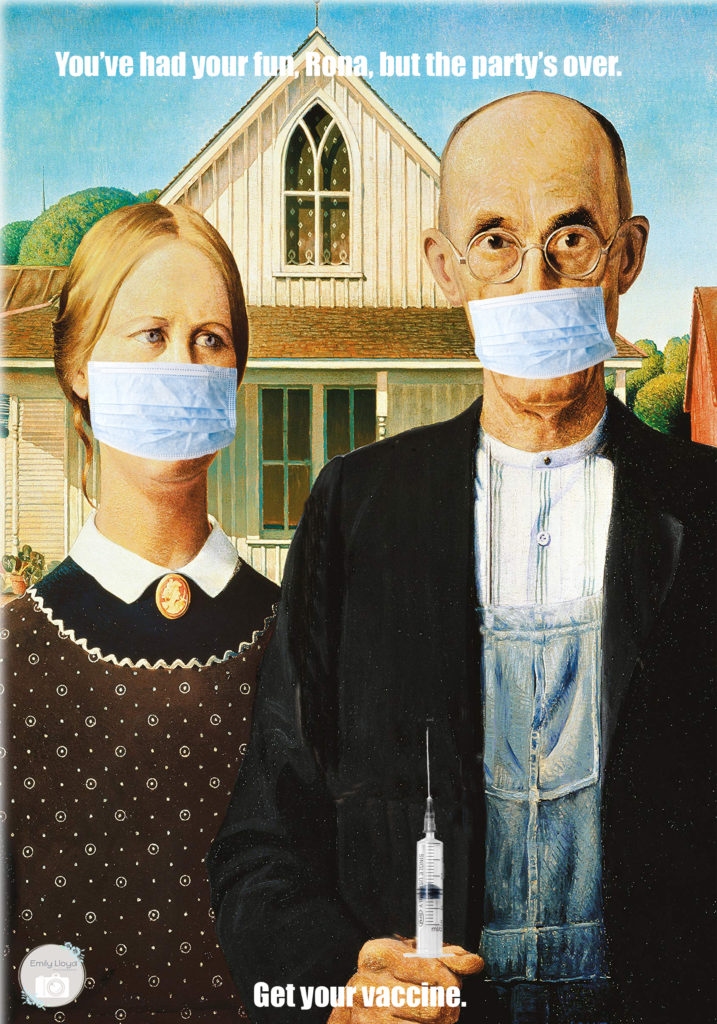 Famous American Gothic image changed to depict the current pandemic times, mask mandates and vaccines being pushed on the society to receive. 