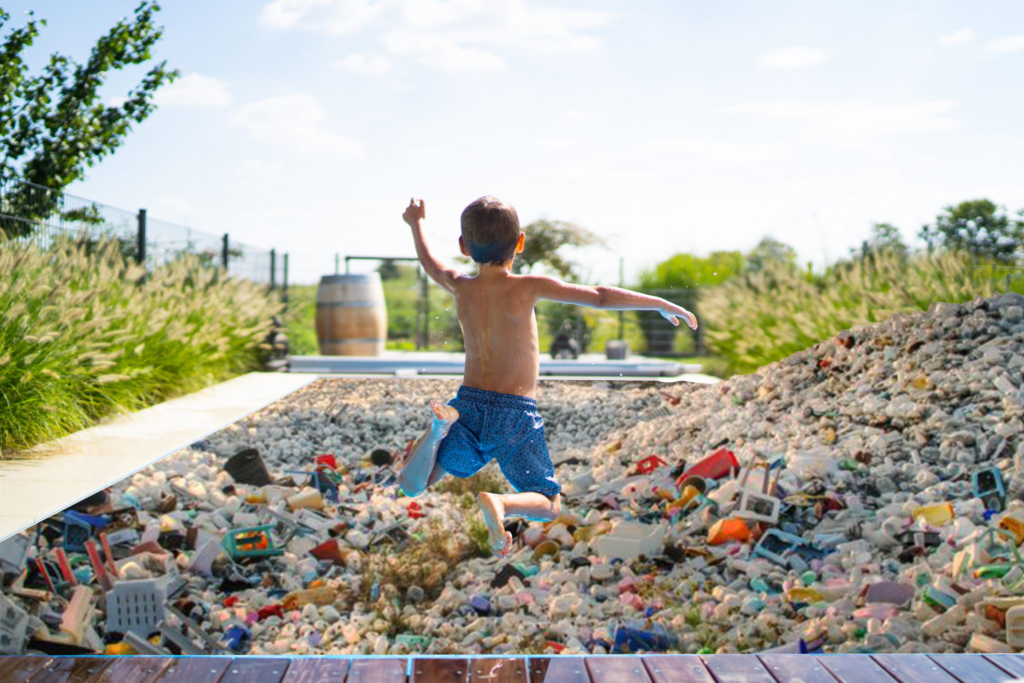 A collaged image of a boy jumping into a landfill instead of a pool